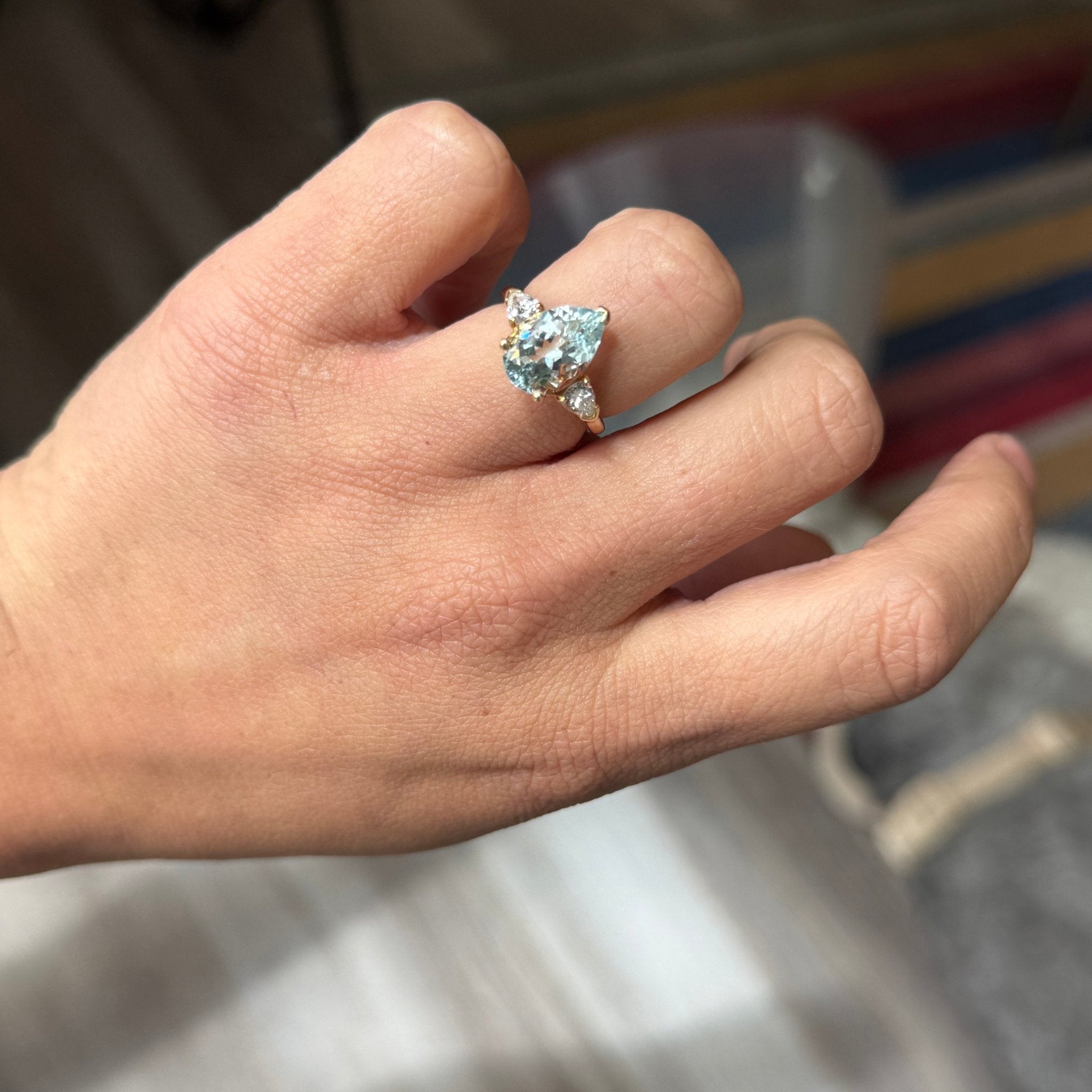 3.01ct Pear Cut Diamond & Aquamarine Ring