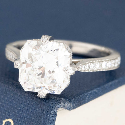 3ct radiant cut diamond solitaire, platinum modern vintage engagement ring.