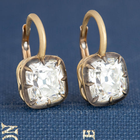 3.02ctw Cushion Cut Diamond Collet Dormeuse Earrings, GIA