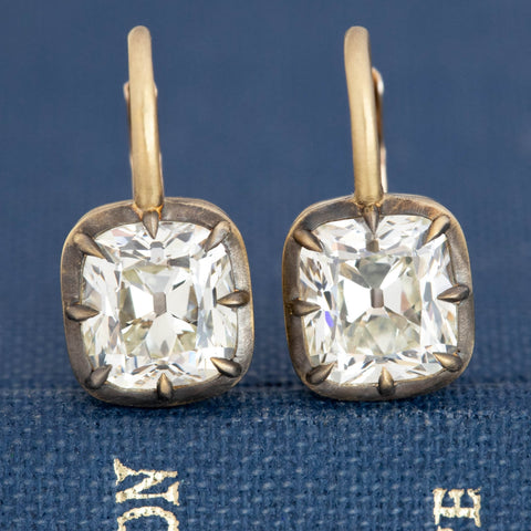 3.02ctw GIA old mine cushion cut diamond collet drop earrings in 18kt yellow gold