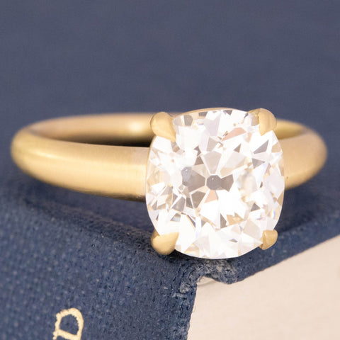 Antique 3ct Old Mine Cut diamond solitaire, low-set comfort fit.