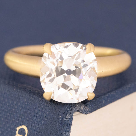 3.07ct Old Mine Cut Diamond solitaire in 18kt yellow gold satin finish.