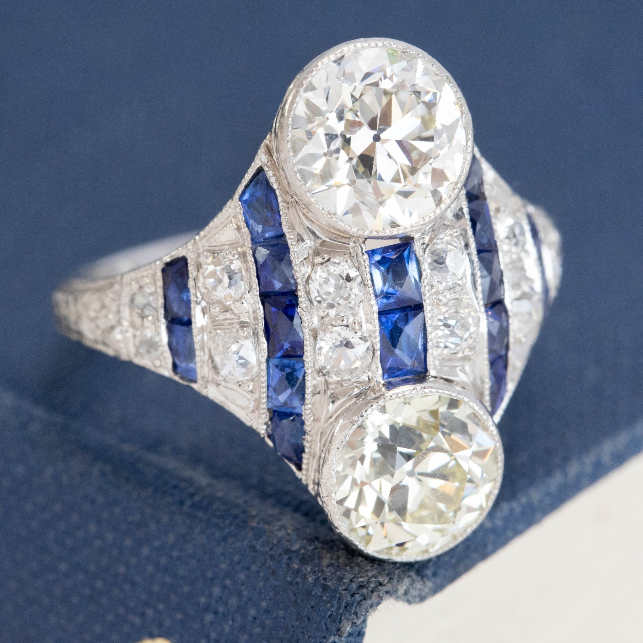 3.08ctw Edwardian Old European Cut Diamond & Sapphire Toi et Moi Ring