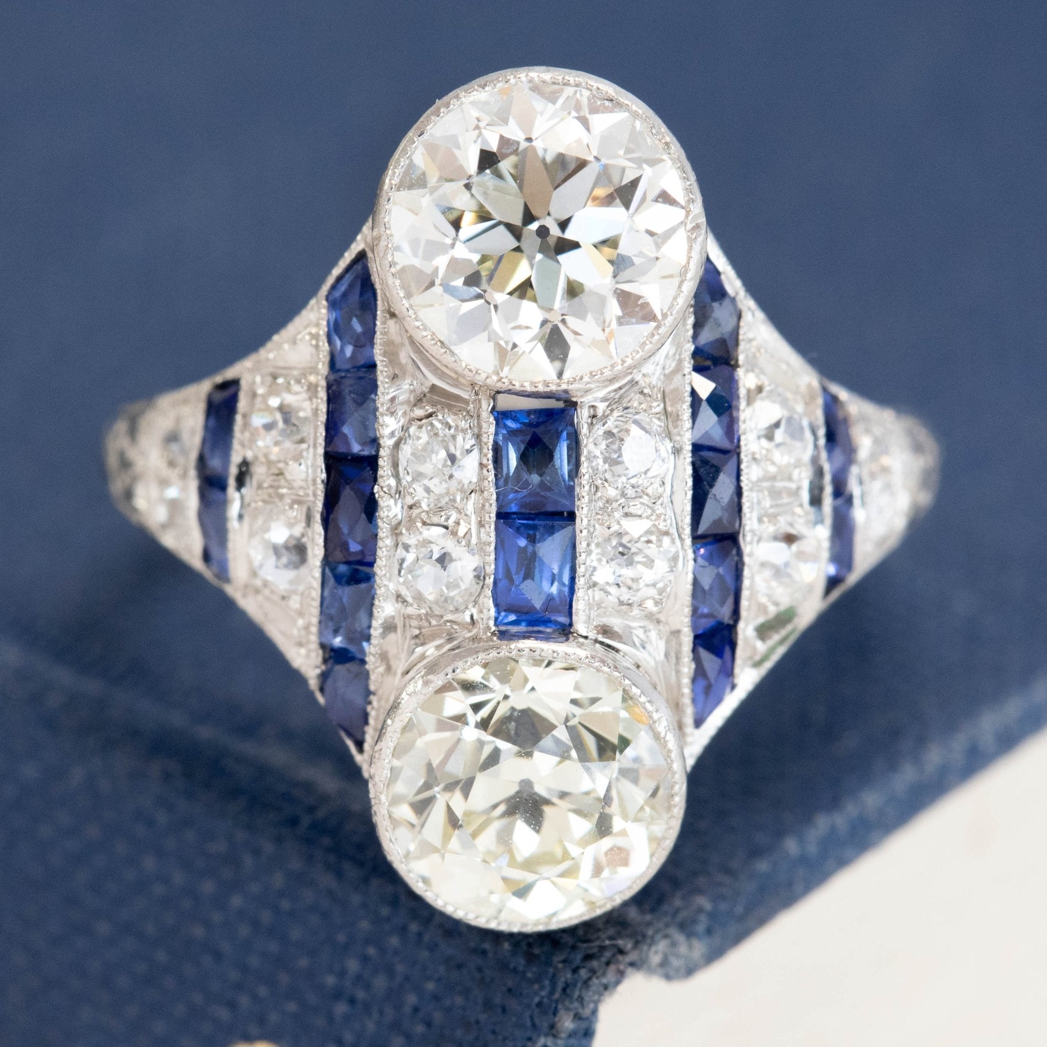 3.08ctw Edwardian Old European Cut Diamond & Sapphire Toi et Moi Ring