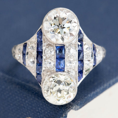 3.08ctw Edwardian Old European Cut Diamond & Sapphire Toi et Moi Ring