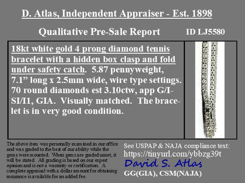 3.10ctw vintage round brilliant cut diamond tennis bracelet in 18kt white gold – alternate view 3