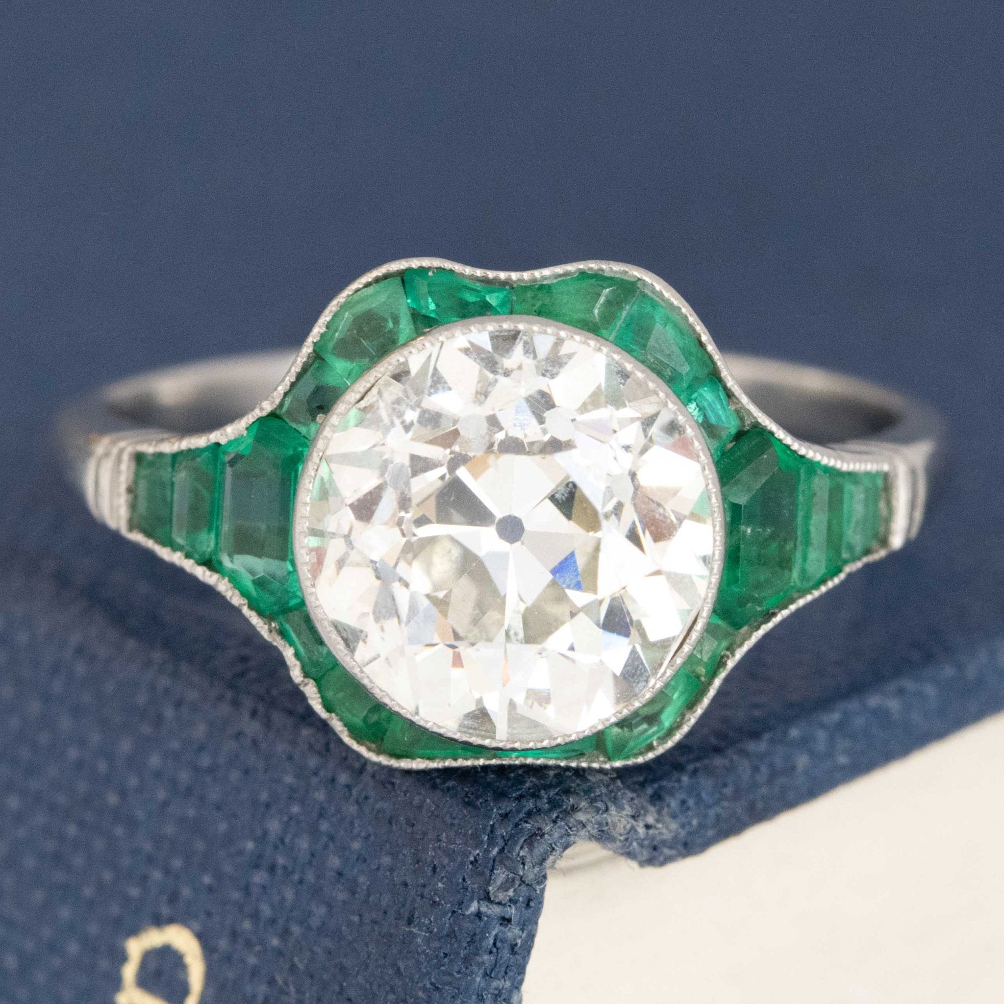 3.12ctw Deco Inspired Old European Cut Diamond & Emerald Target Ring