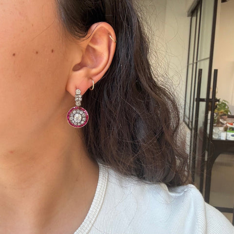 Victorian old mine cut diamond cluster day to night drop earrings with removable calibre ruby halos, 3.15ctw – alternate view 4