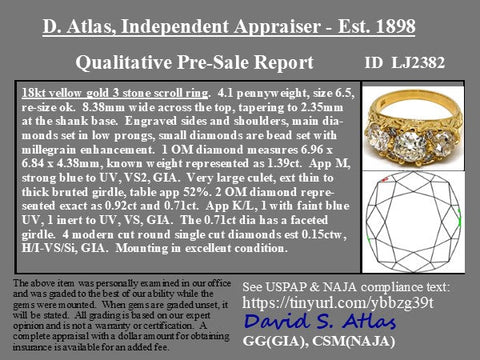 3.17ctw Victorian revival old mine cut diamond scroll trilogy ring, 18K yellow gold – lab report card