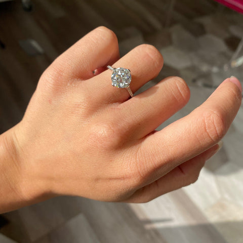 Crisp and bright 3.19ct Old European cut diamond ring shown on finger
