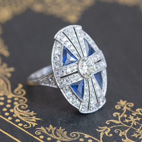 3.23ctw Art Deco style old European cut diamond and triangle sapphire dinner ring in platinum – alternate view 4