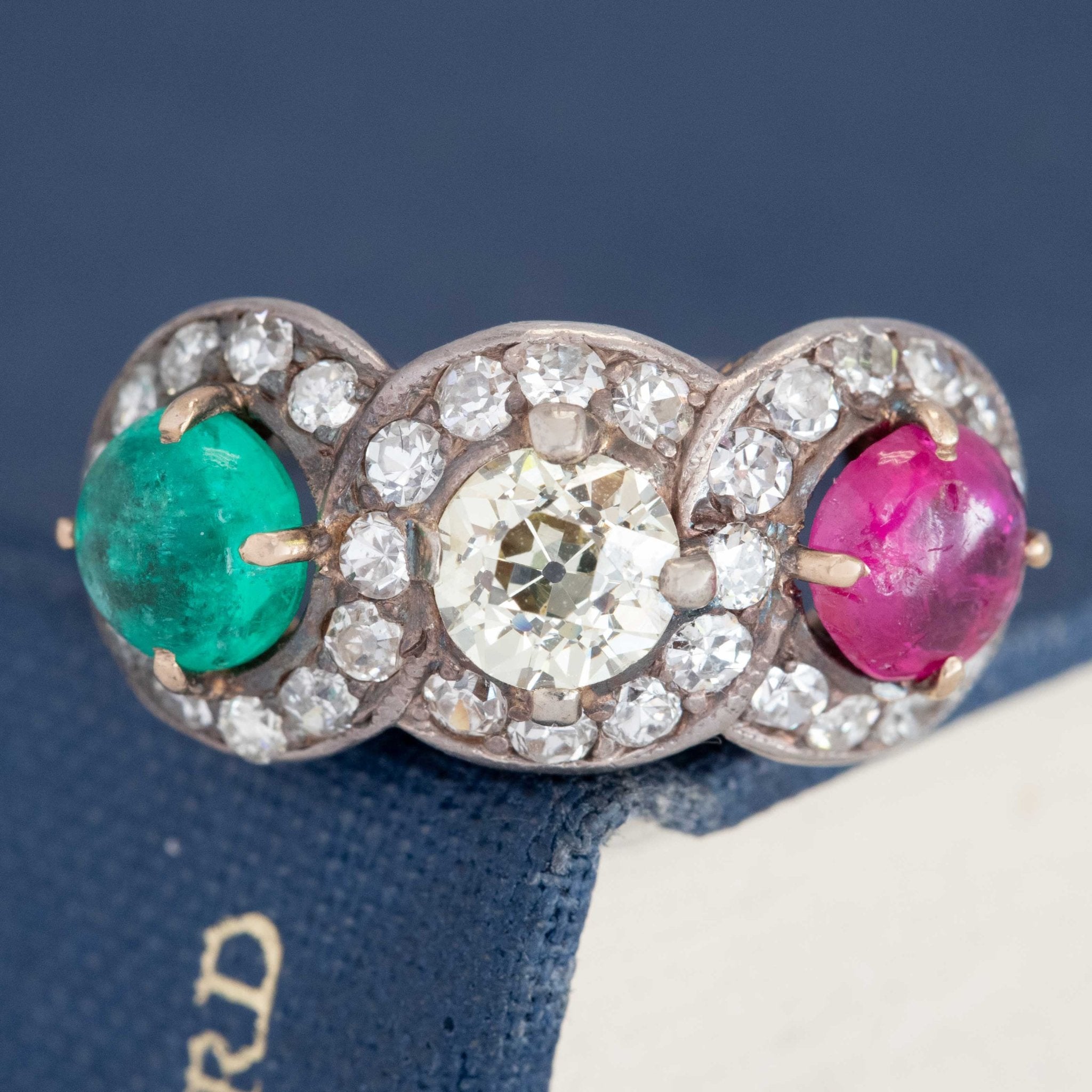 3.24ctw Antique Old European Cut Diamond, Emerald & Ruby Trilogy Ring