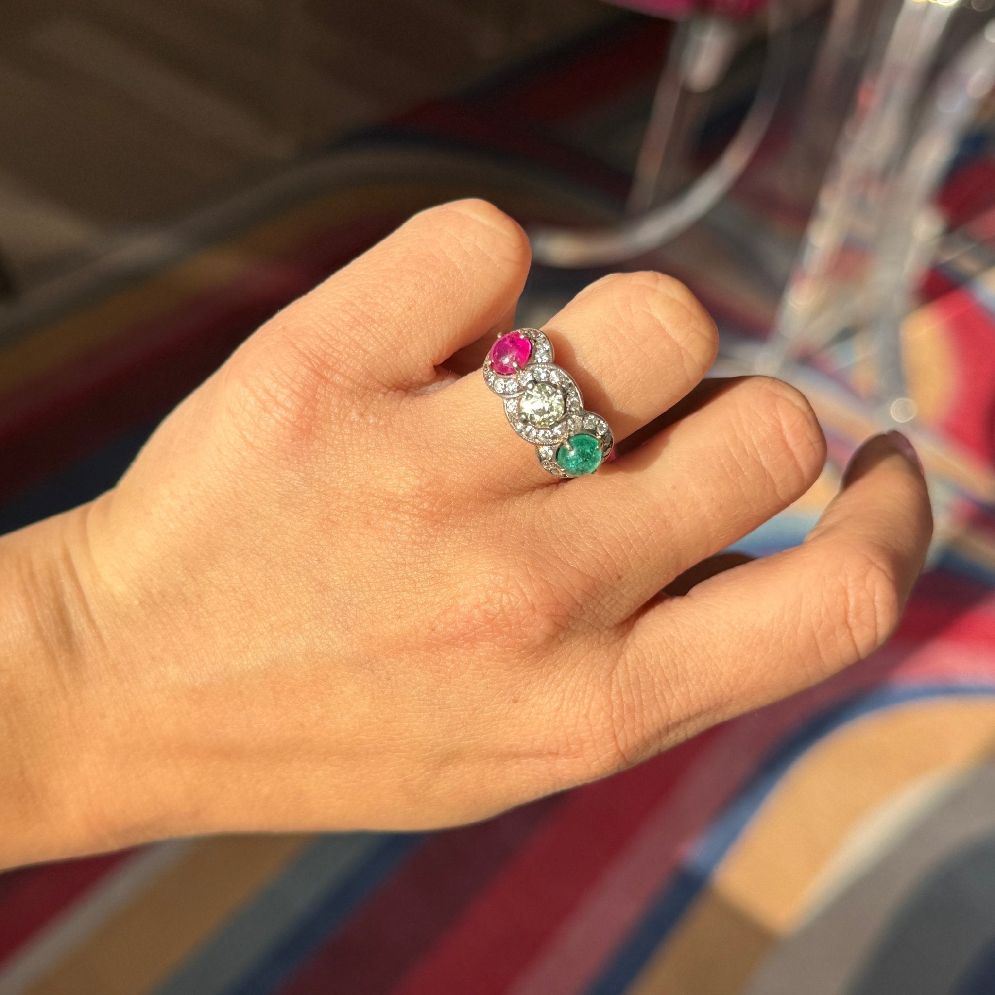 3.24ctw Antique Old European Cut Diamond, Emerald & Ruby Trilogy Ring