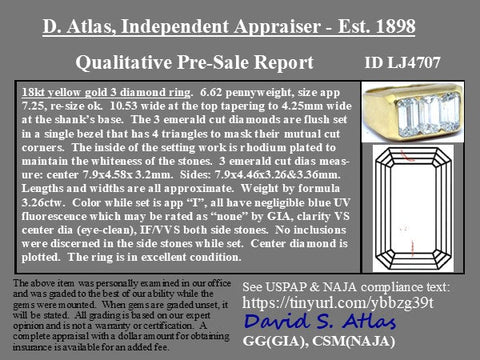 3.26ctw Vintage Emerald Cut Diamond Trilogy Ring