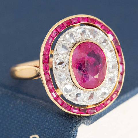 3.30ctw Rose Cut Diamond & Burma No-Heat Ruby Cluster Ring, French