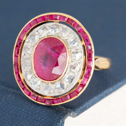 3.30ctw Rose Cut Diamond & Burma No-Heat Ruby Cluster Ring, French