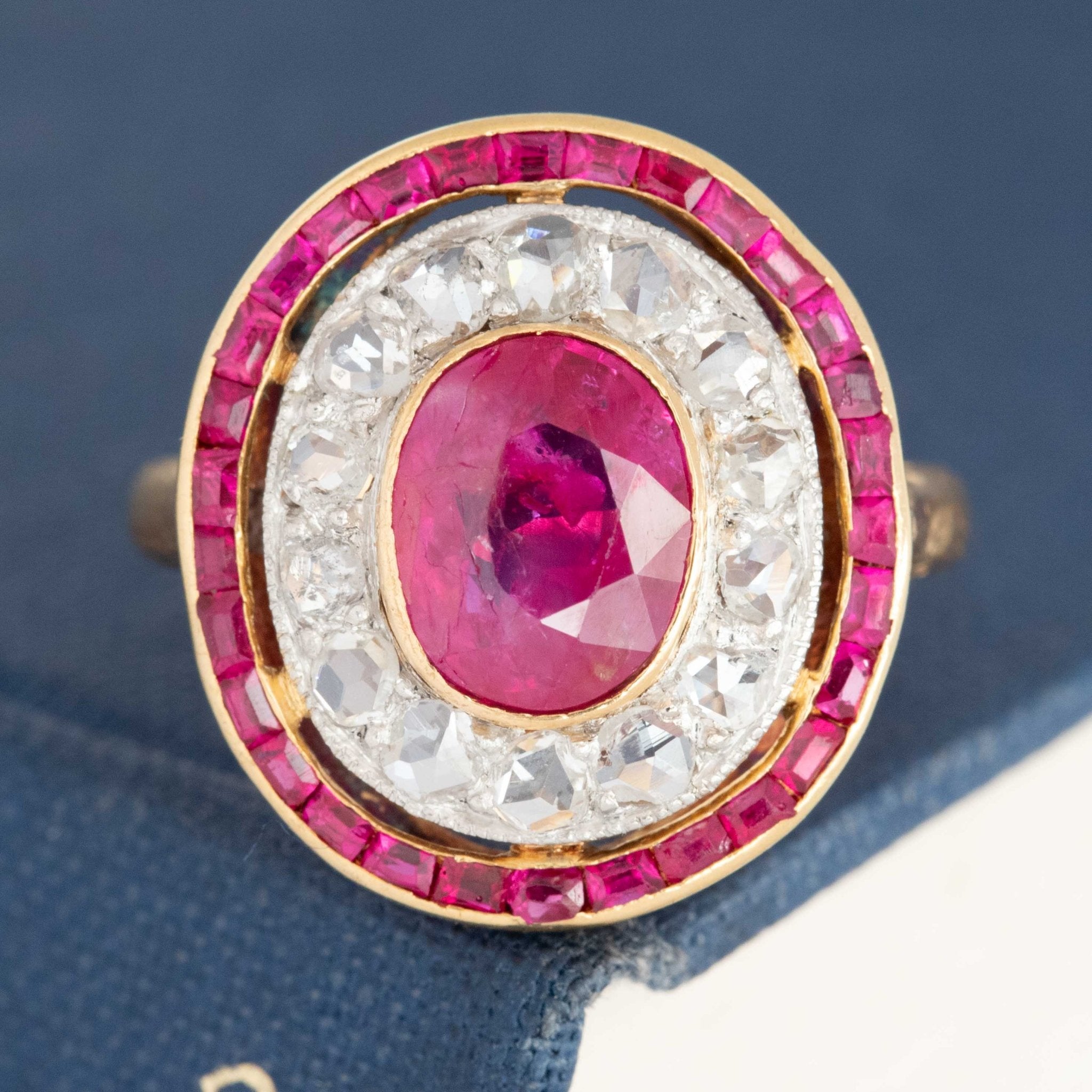 3.27ctw Rose Cut Diamond & Burma No-Heat Ruby Cluster Ring