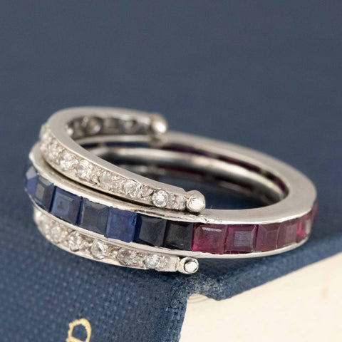 3.29ctw Art Deco Diamond, Ruby & Sapphire Flip Ring