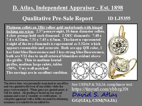 3.32ctw Antique Old European Cut Diamond Collet Drop Earrings