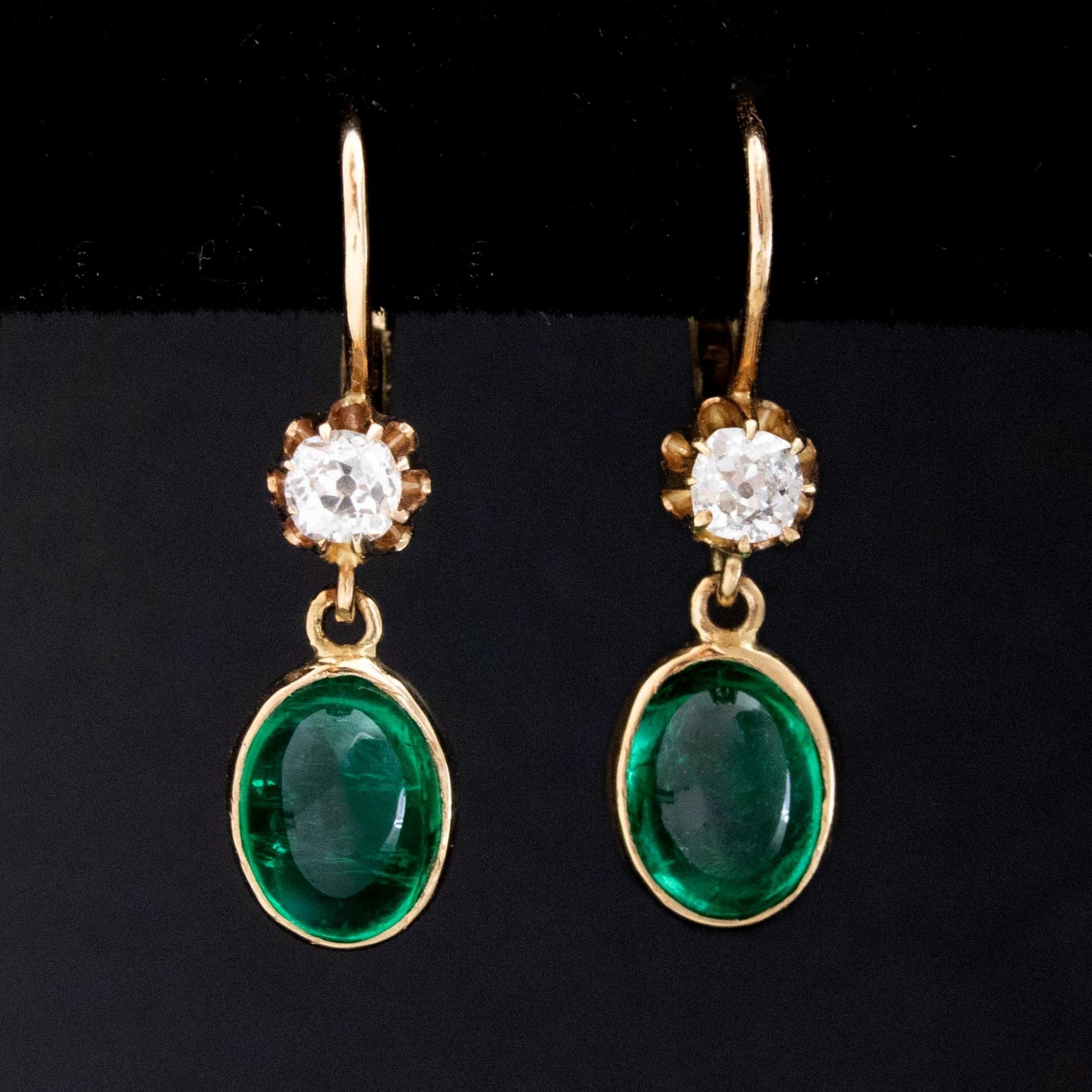 3.38ctw Emerald Cabochon & Old Mine Cut Diamond Drop Earrings