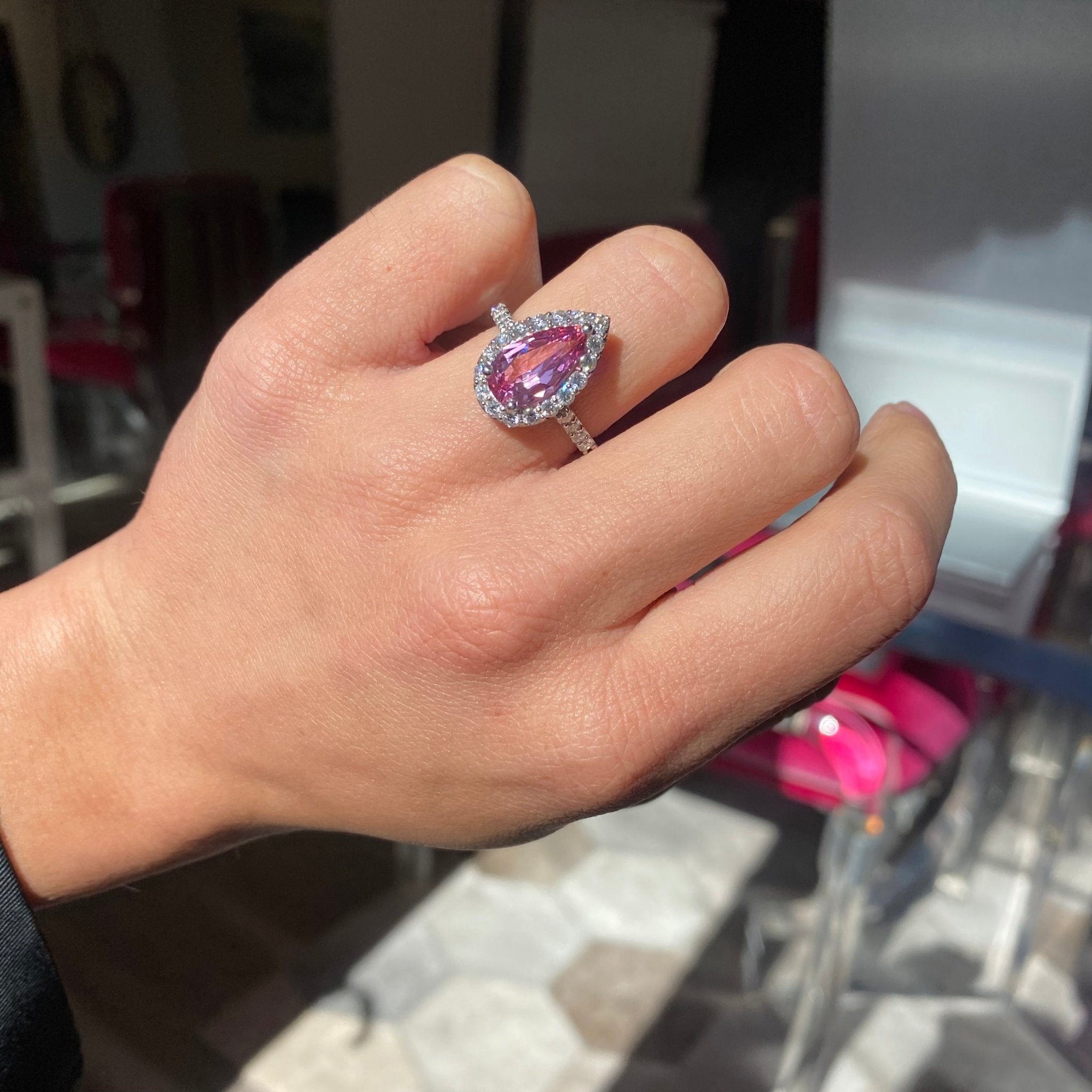 3.39ctw Pink Spinel Pear Cut Diamond Halo Ring