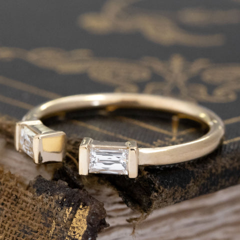 Antique lovers’ .33ctw Baguette Cut Diamond Twin Stone Ring in yellow gold, featuring rare Earth-mined Baguette Cut Diamonds