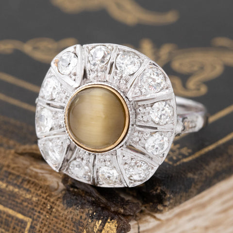 3.42ctw Chrysoberyl Catseye & Diamond Cluster Ring