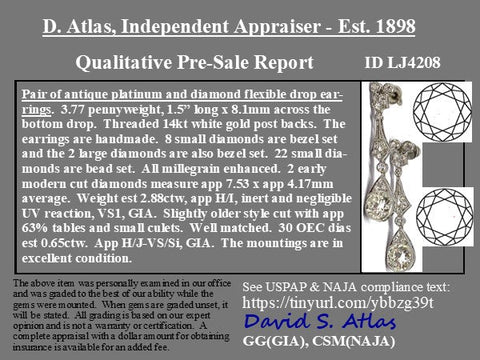 3.53ctw Edwardian Old European Cut Diamond Drop Earrings