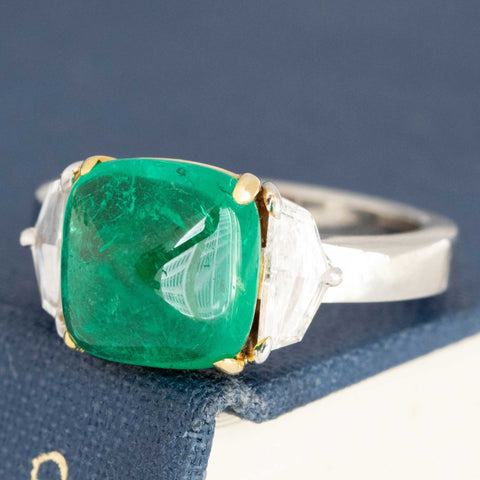 3.53ctw Vintage Colombian Sugarloaf Emerald Diamond Trilogy Ring