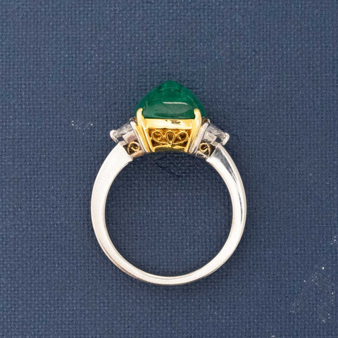 3.53ctw Vintage Colombian Sugarloaf Emerald Diamond Trilogy Ring