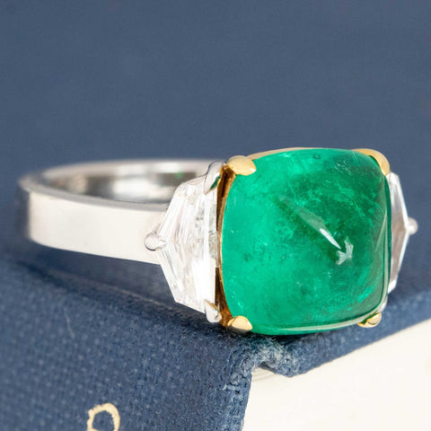 3.53ctw Vintage Colombian Sugarloaf Emerald Diamond Trilogy Ring