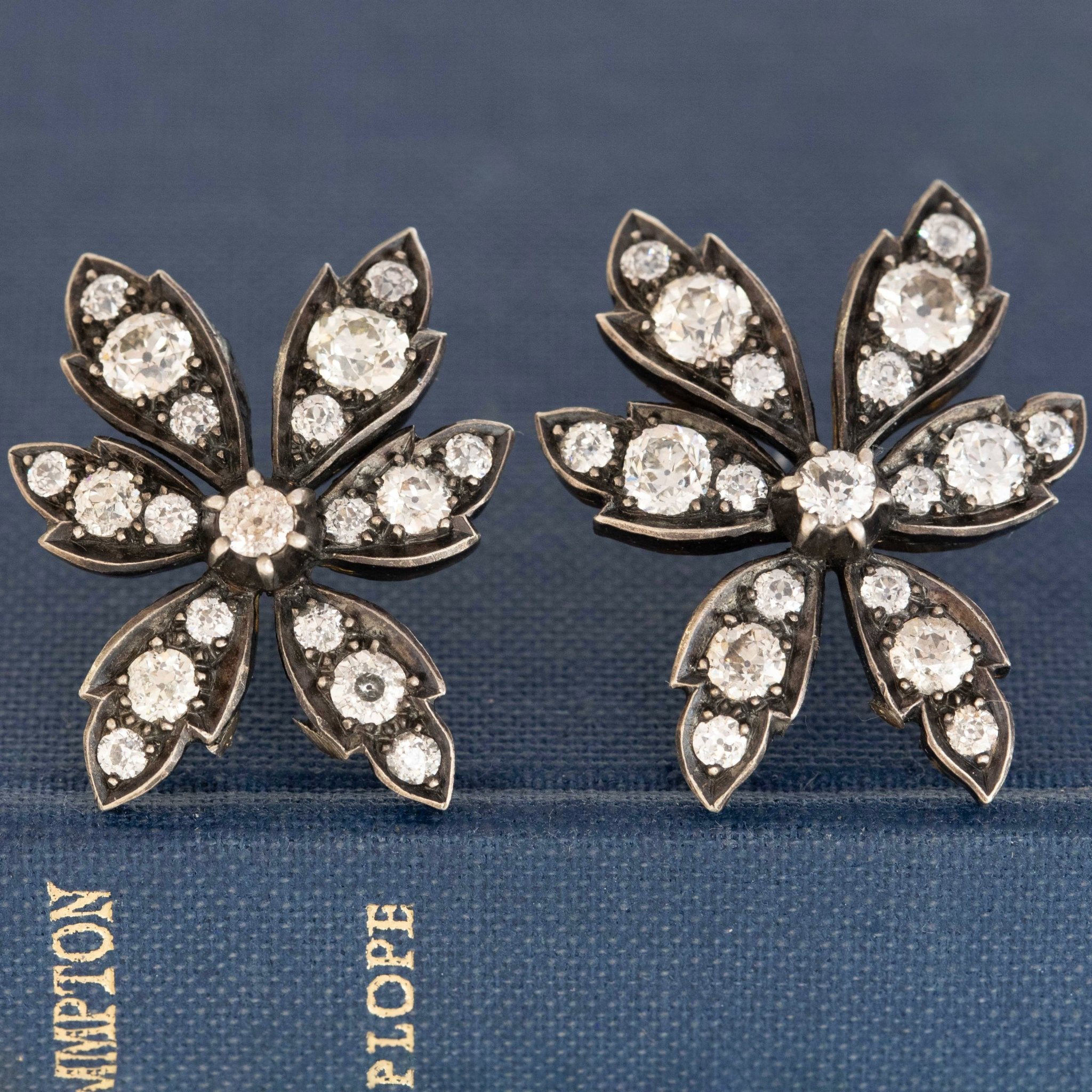 Antique flower diamond drop earrings with old-mine cuts