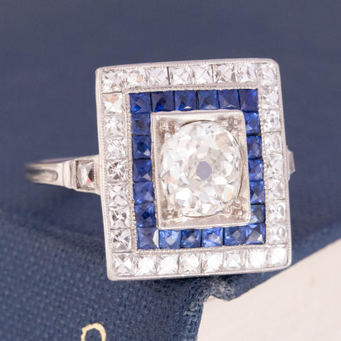 3.67ctw Art Deco Diamond and Sapphire Target Ring