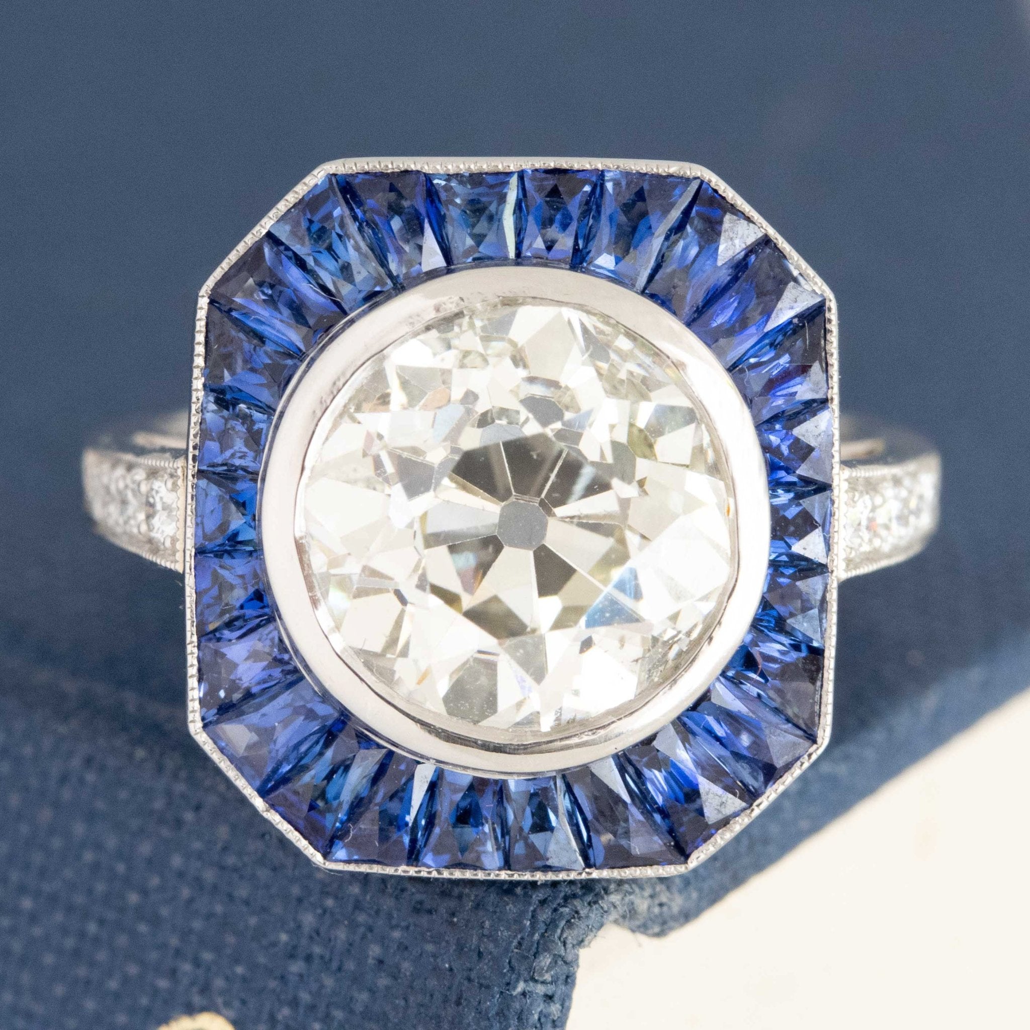 3.68ct Old European Cut Diamond & Sapphire Target Ring French