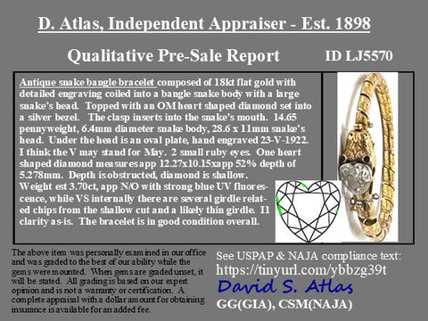 3.70ct antique heart-shaped rose cut diamond serpent bangle in 18kt yellow gold, c. 1922 – alternate view 4
