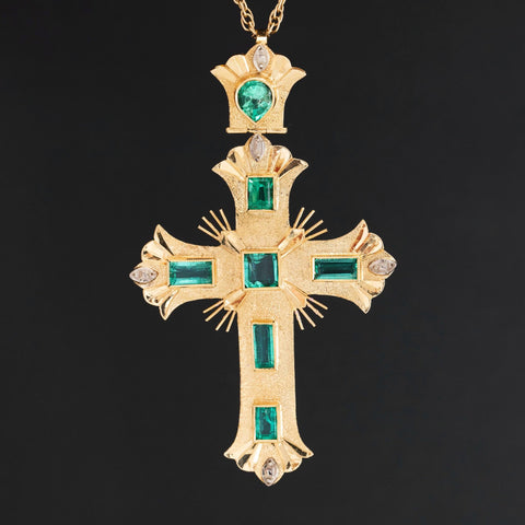Vintage emerald and diamond cross pendant in 18K gold