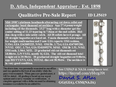 38.50ctw vintage old European and old mine cut diamond and baguette riviere necklace in platinum – lab report card
