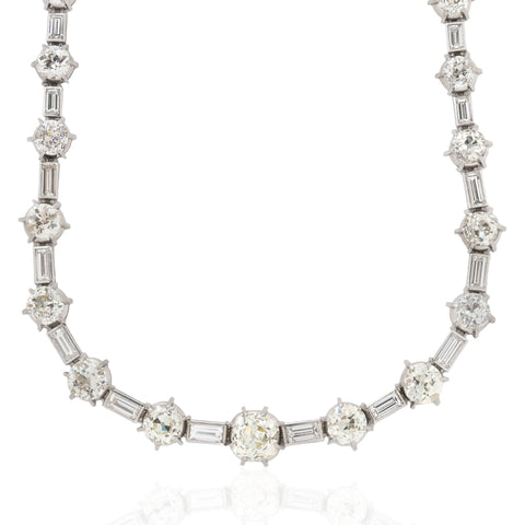 38.50ctw vintage old European and old mine cut diamond and baguette riviere necklace in platinum