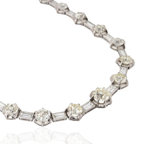 38.50ctw vintage old European and old mine cut diamond and baguette riviere necklace in platinum – alternate view 3