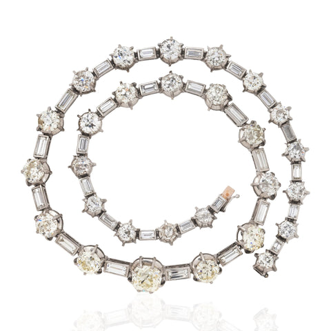 38.50ctw vintage old European and old mine cut diamond and baguette riviere necklace in platinum – alternate view 6