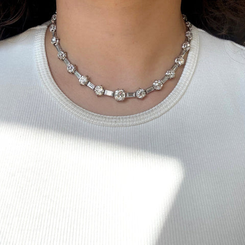 38.50ctw vintage old European and old mine cut diamond and baguette riviere necklace in platinum – alternate view 2