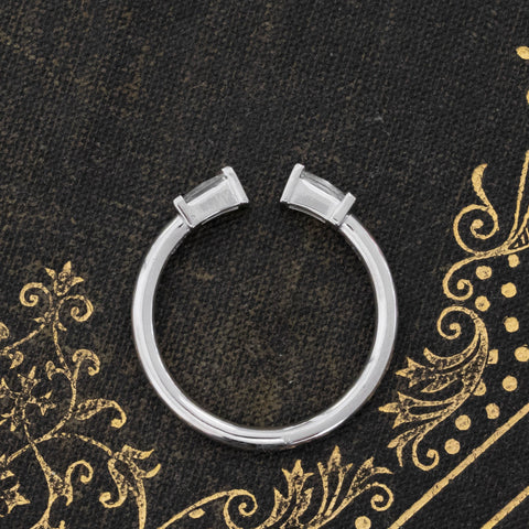 Side view of .38ctw Baguette Cut Diamond Twin Stone Ring. Vintage-inspired band with natural Earth-mined Baguette Cut Diamonds in white gold.