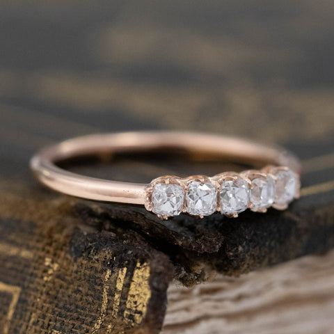 Historic style .38ctw Petite Old Mine Cut Diamond Band wedding band with Old Mine Cut Diamonds, unique heirloom in rose gold.
