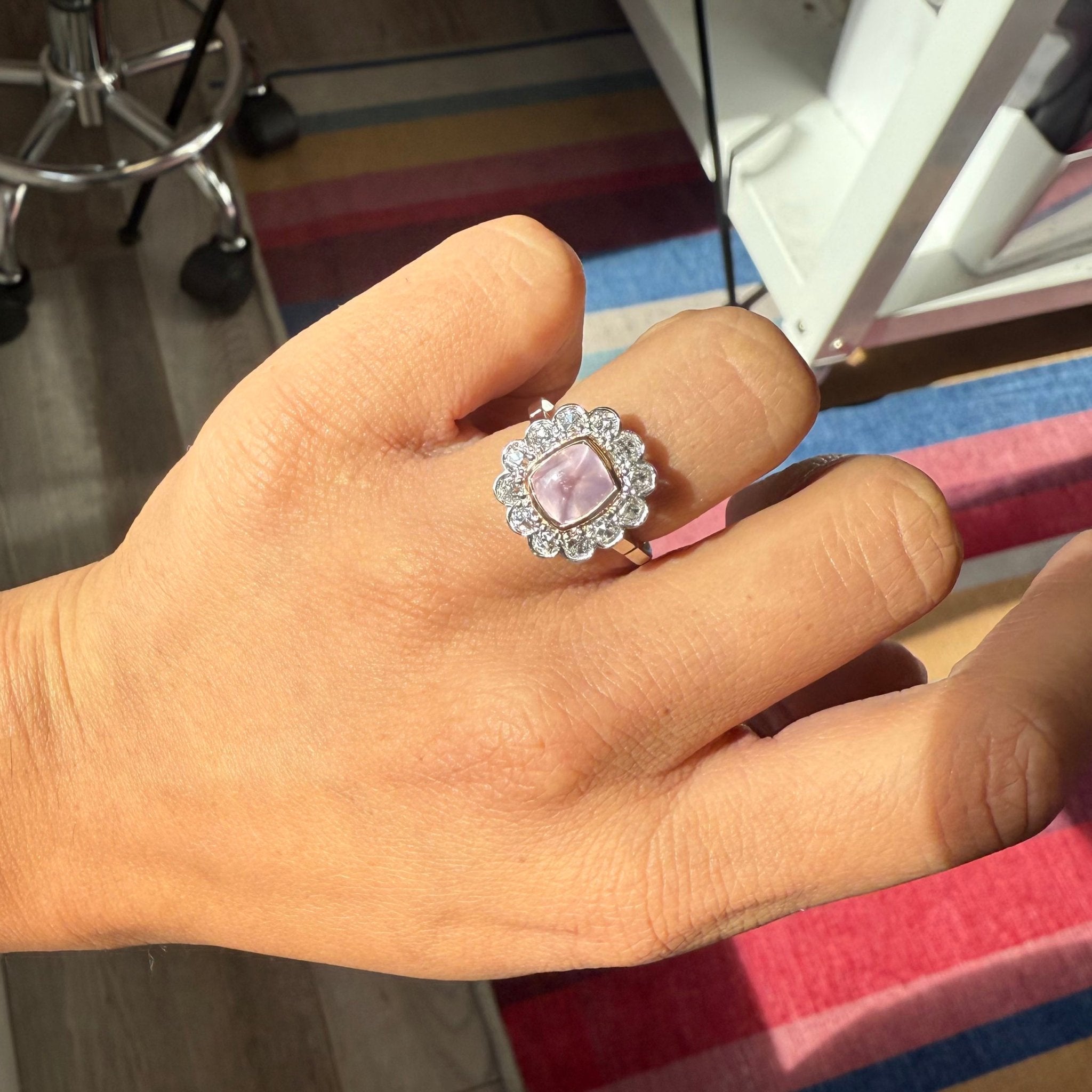 3.92ctw Pink Sugarloaf Sapphire & Old Mine Cut Diamond Cluster Ring