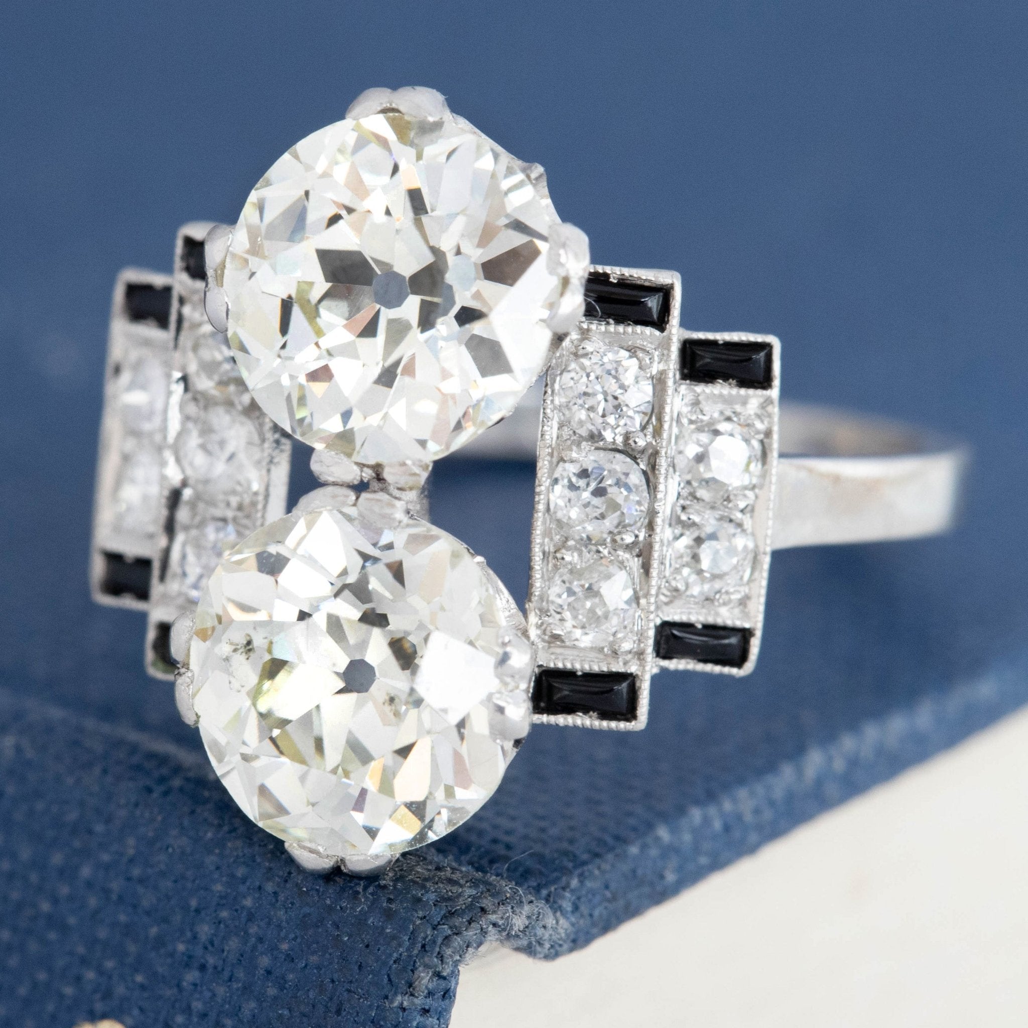 Art Deco toi et moi diamond ring with black onyx accents