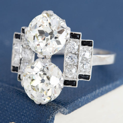 Art Deco toi et moi diamond ring with black onyx accents