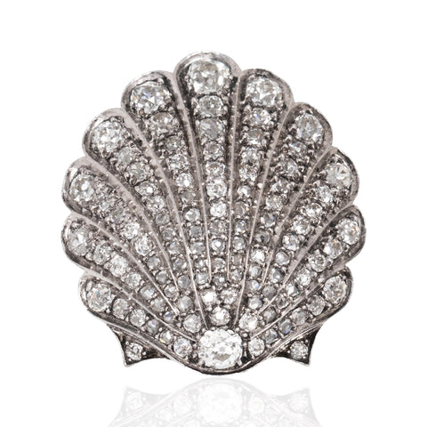 A scallop-shaped silver brooch paved with clear round gemstones, shown on a white background with a soft reflection below.
