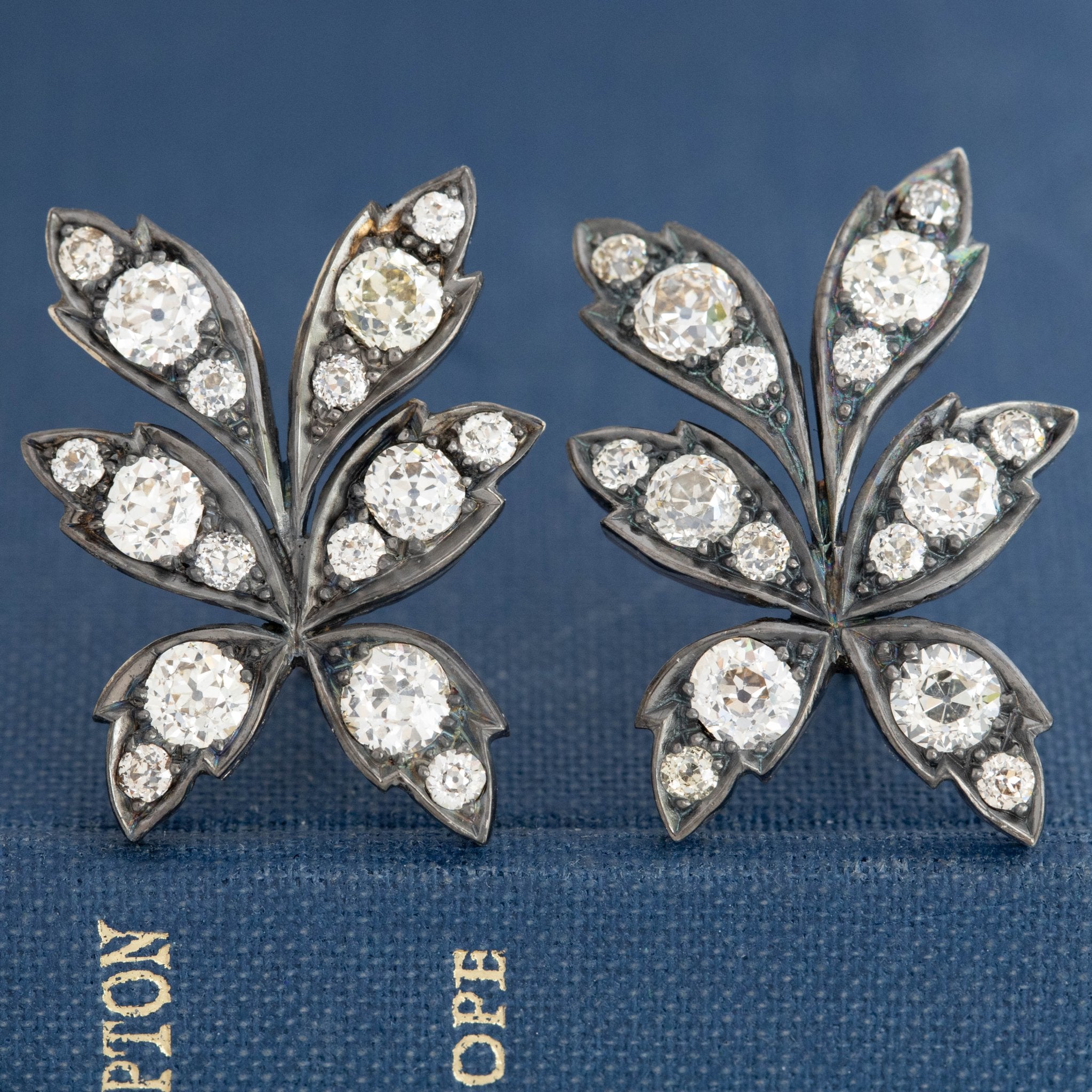 4.05ctw Antique Old European Cut Diamond Leaf Motif Earrings