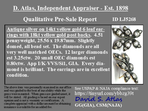 4.05ctw Antique Old European Cut Diamond Leaf Motif Earrings
