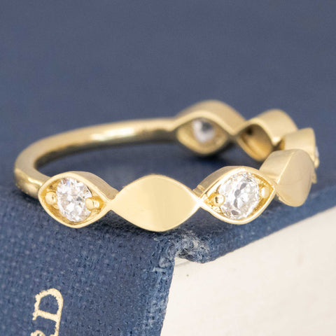 Historic style .40ctw Old European Cut Diamond Navette Band wedding band with Old European Cut Diamonds, unique heirloom in yellow gold